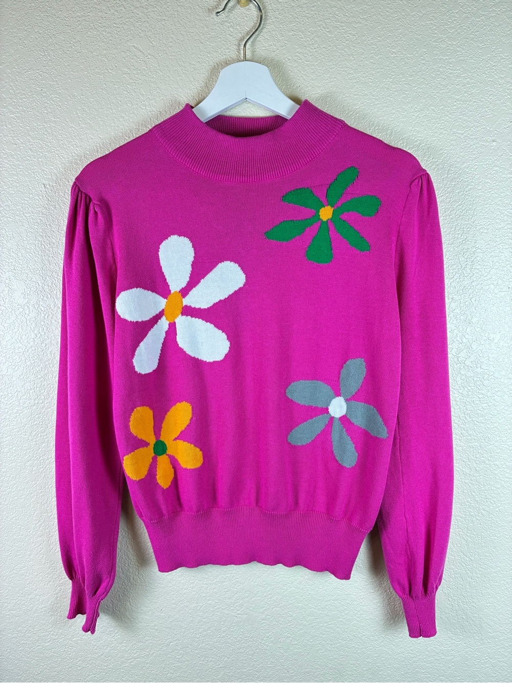 OX Knit 100% Cotton Bright Pink Floral Pullover Sweater